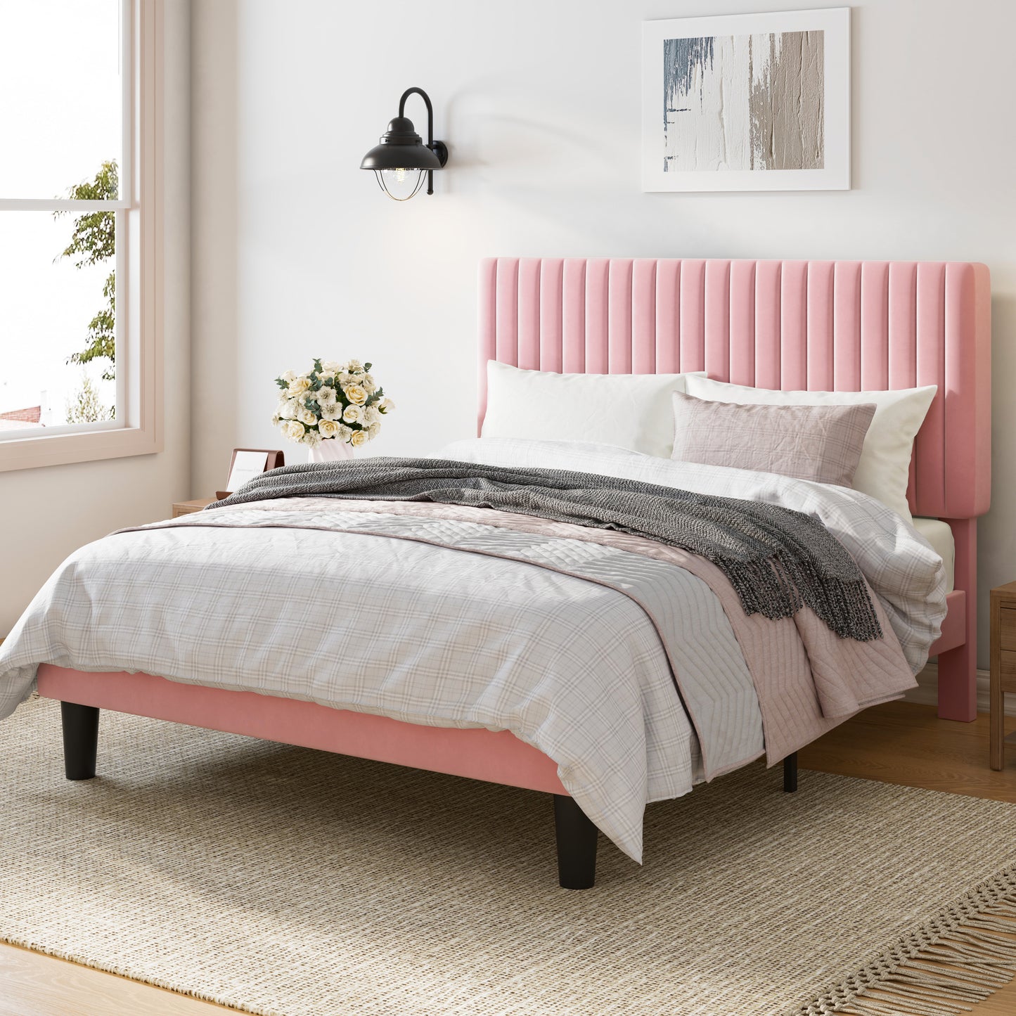 Upholstered Platform Bed Frame with Vertical Channel Tufted Velvet Headboard