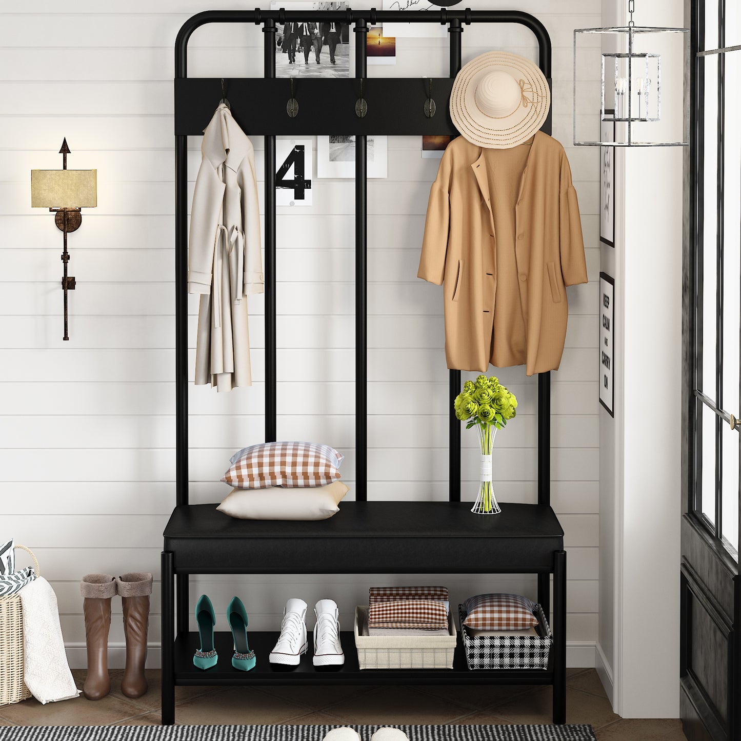 Amolife 4 in 1 Freestanding Hall Tree with 5 Hooks Coat Rack Shoe Bench, Entrance Bench with Storage Rack, Black