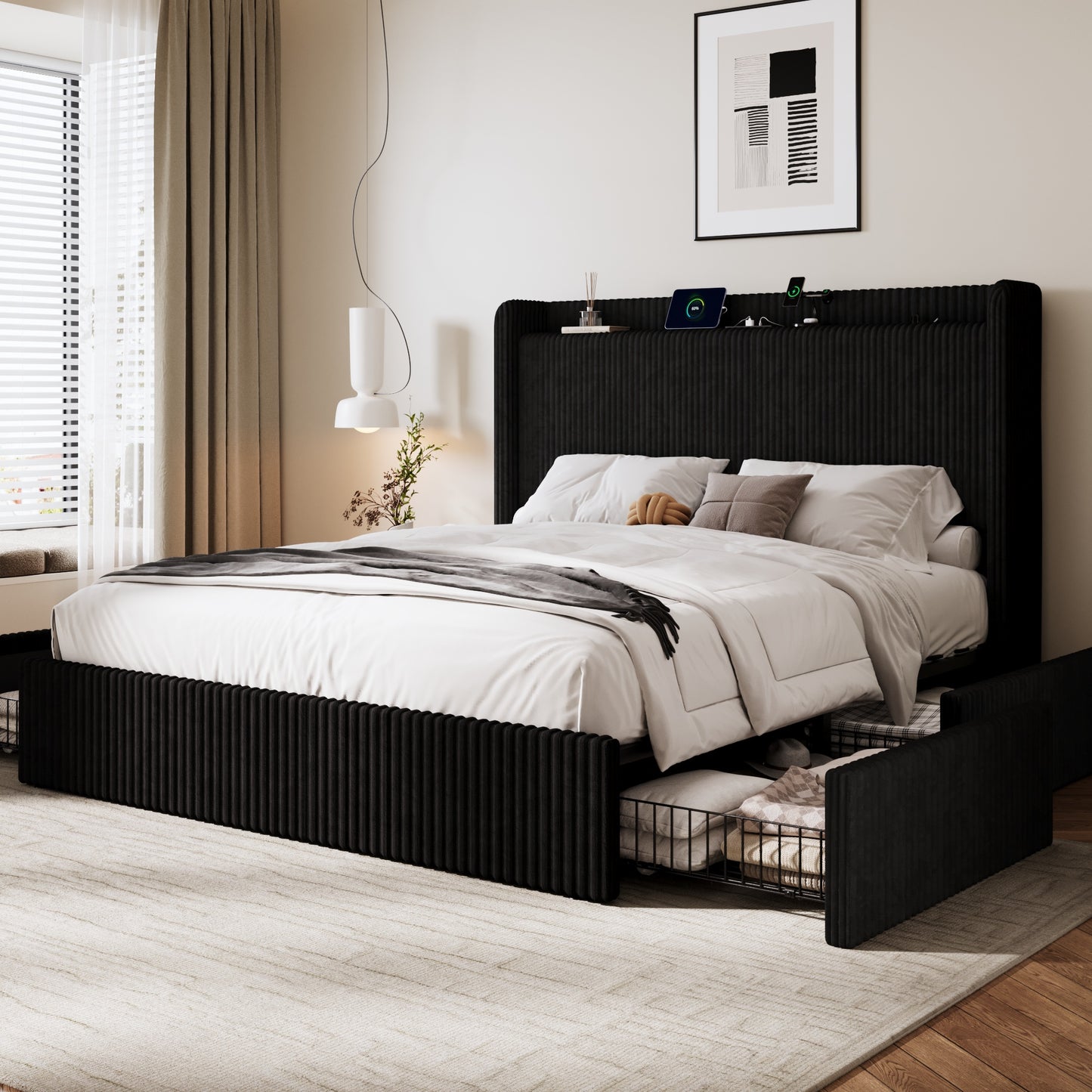 Amolife Bed Frame, Corduroy Upholstered Storage Bed with Wingback Headboard, 4 Storage Drawers, USB Ports Charging Station