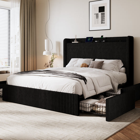 Amolife Bed Frame, Corduroy Upholstered Storage Bed with Wingback Headboard, 4 Storage Drawers, USB Ports Charging Station