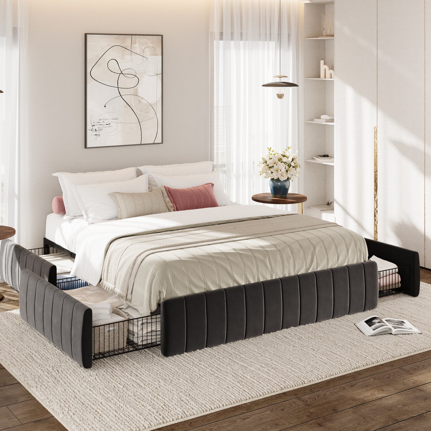 Amolife Bed Frame, Platform Storage Bed with 4 Large Velvet Storage Drawers, Wooden Slats
