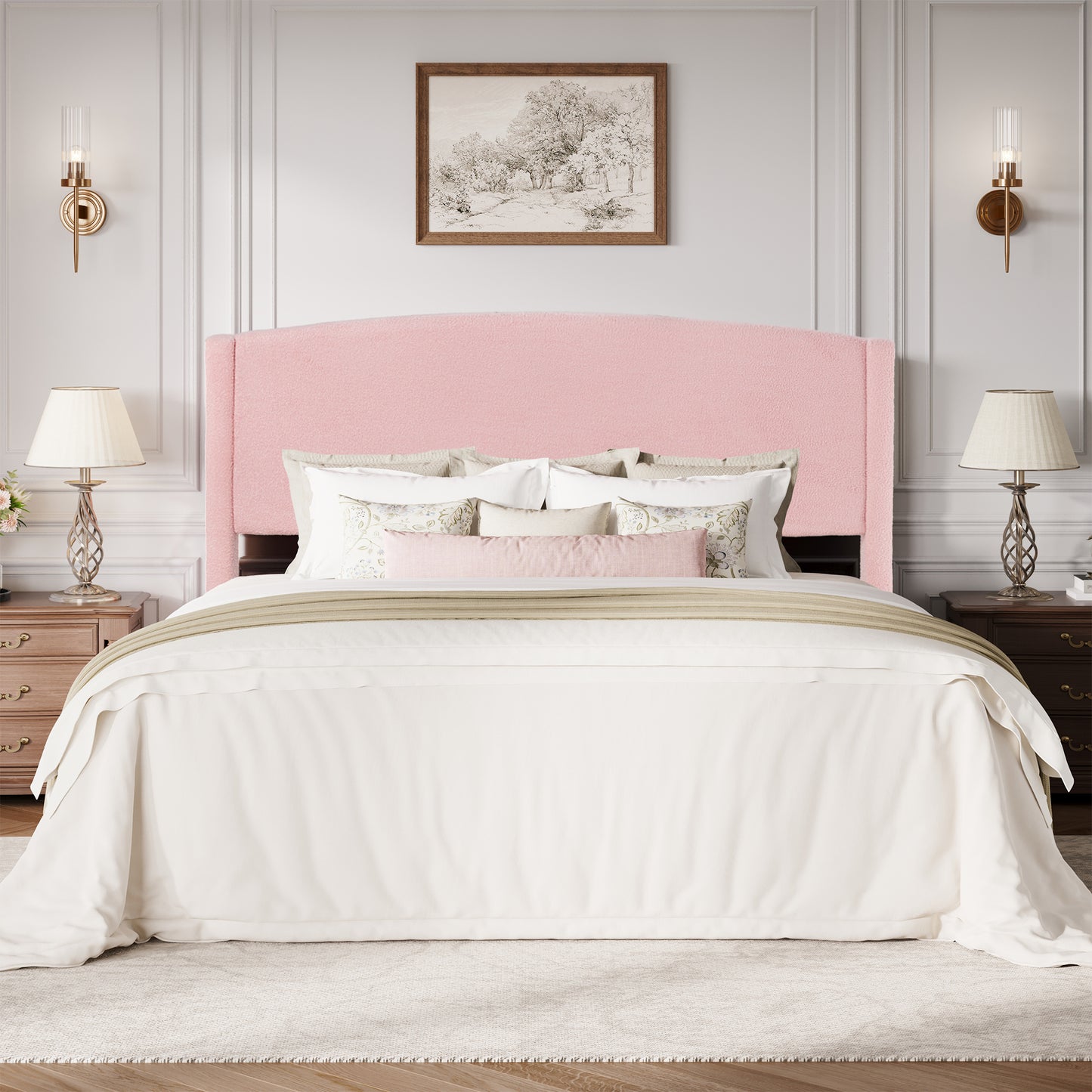 Amolife Bed Frame, Platform Upholstered Bed with Soft Teddy Fabric Curved Headboard