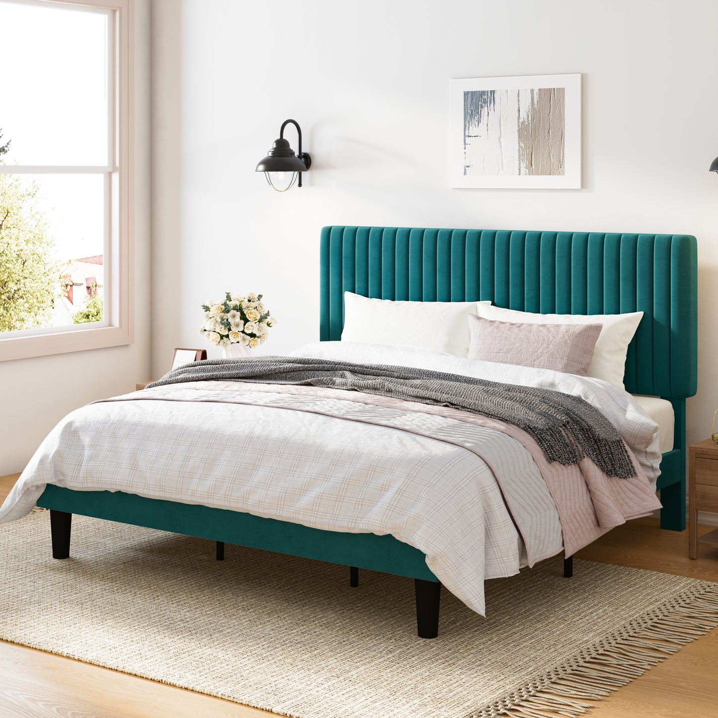 Upholstered Platform Bed Frame with Vertical Channel Tufted Velvet Headboard