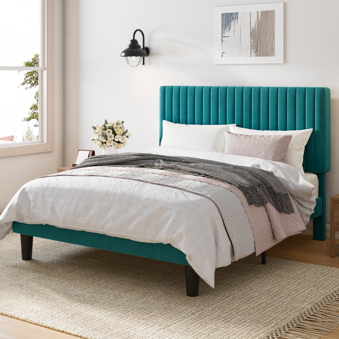 Upholstered Platform Bed Frame with Vertical Channel Tufted Velvet Headboard