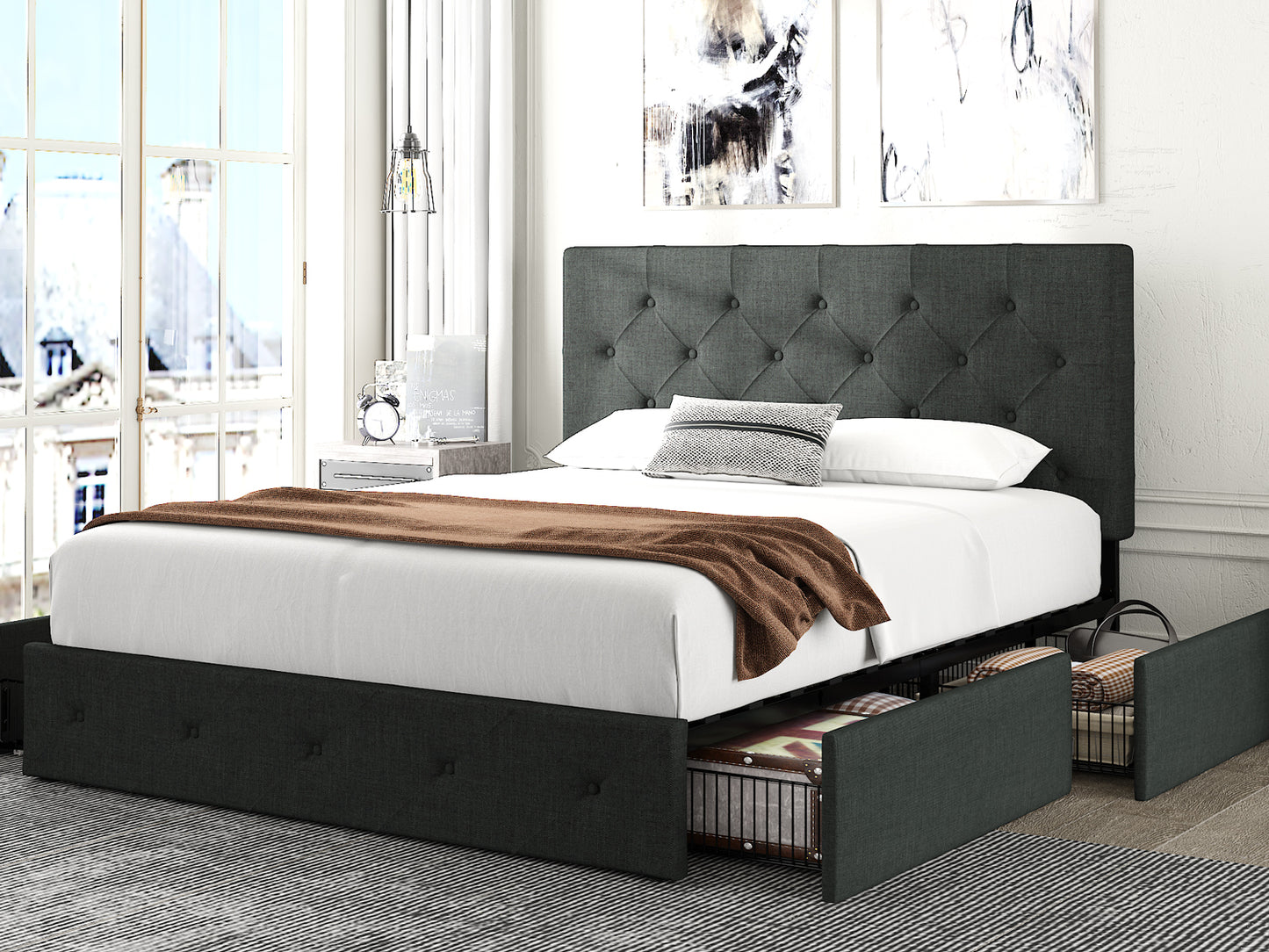 Queen Size Platform Bed Frame with Headboard and 4 Storage Drawers, Button Tufted Style, Dark Grey, Mattress Not Included