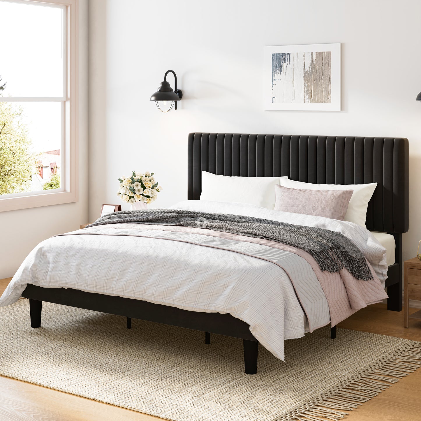 Upholstered Platform Bed Frame with Vertical Channel Tufted Velvet Headboard