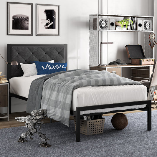 Amolife Metal Bed Frame with Faux Leather Upholstered Headboard