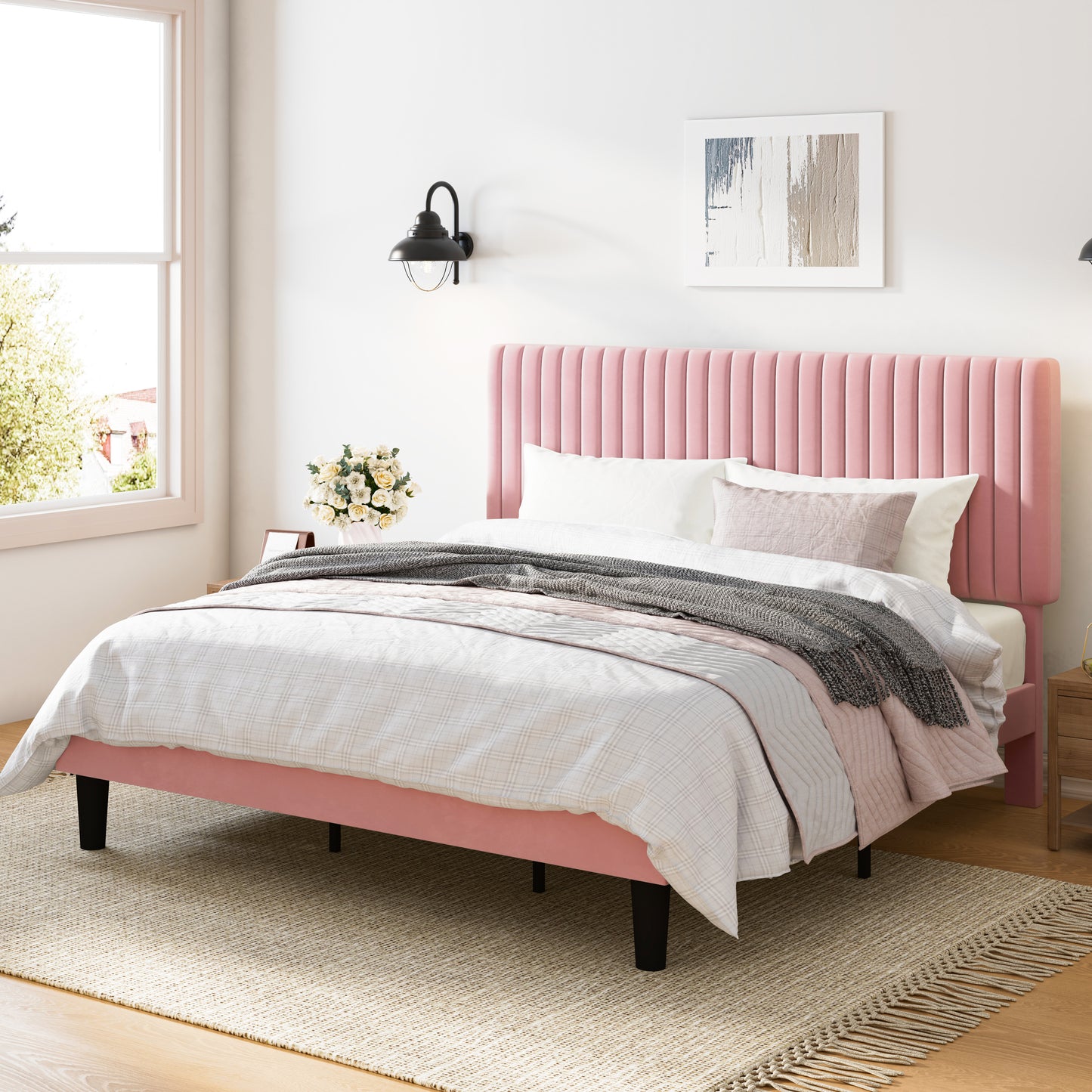 Upholstered Platform Bed Frame with Vertical Channel Tufted Velvet Headboard