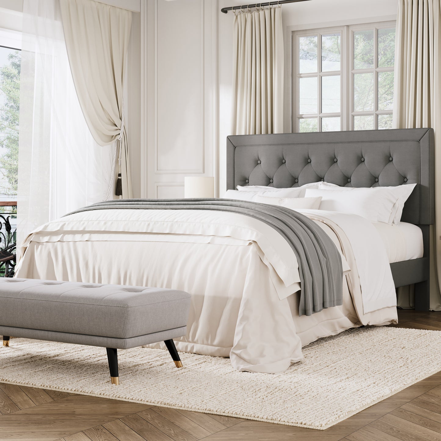 Amolife Bed Frame with Adjustable Headboard, Upholstered Platform Bed, No Box Spring Required