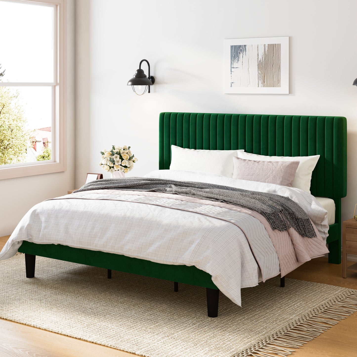 Upholstered Platform Bed Frame with Vertical Channel Tufted Velvet Headboard