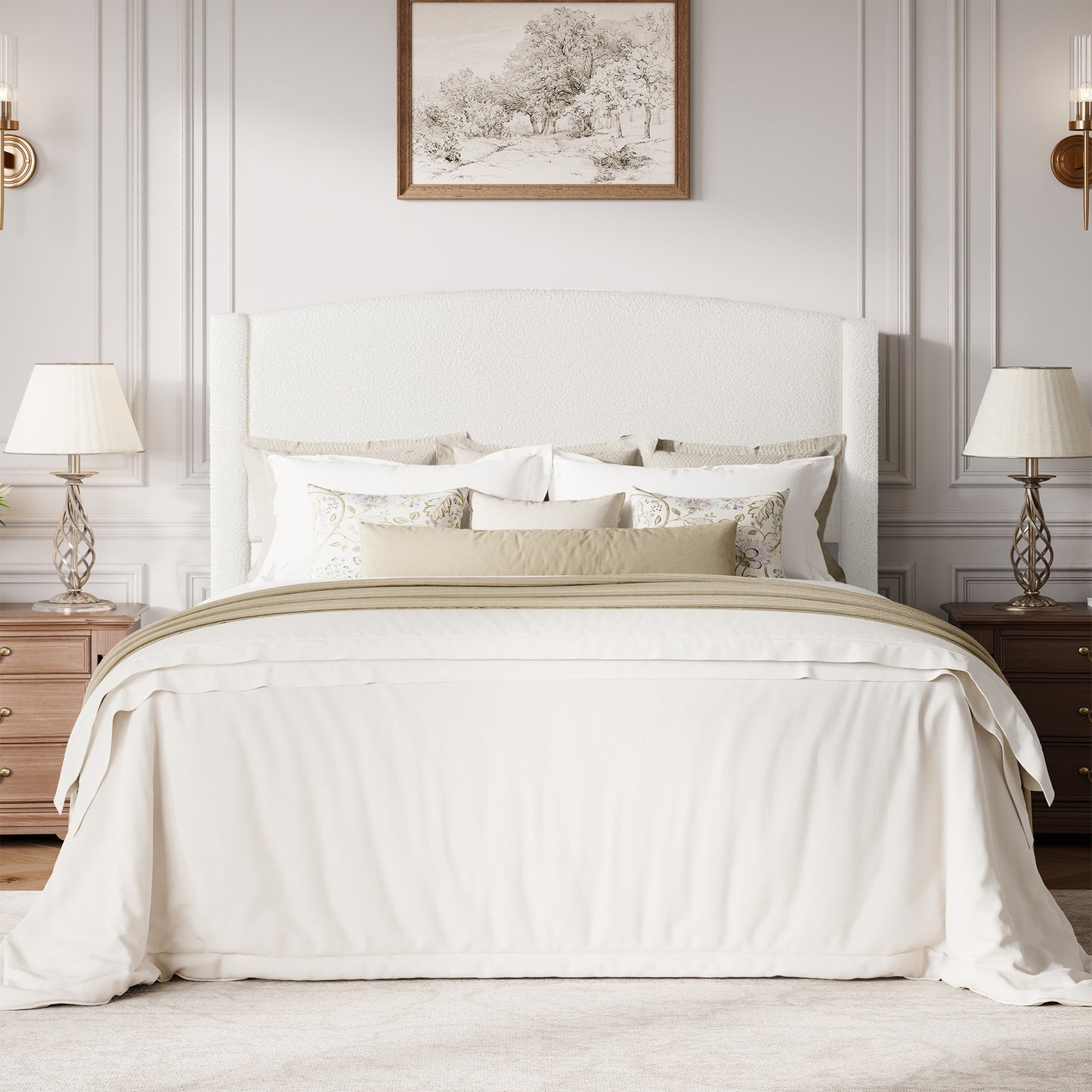 Amolife Bed Frame, Platform Upholstered Bed with Soft Teddy Fabric Curved Headboard