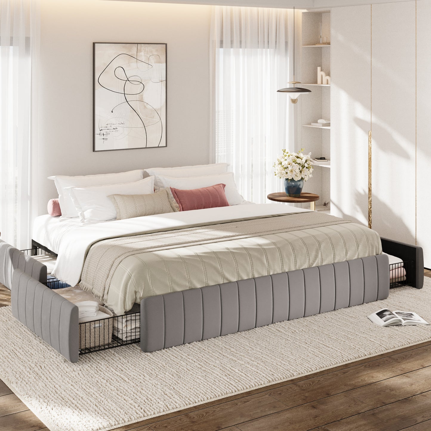 Amolife Bed Frame, Platform Storage Bed with 4 Large Velvet Storage Drawers, Wooden Slats