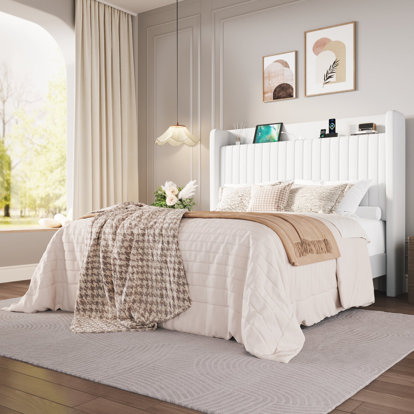 Amolife Bed Frame with Advanced 4-in-1 Charging Hub (2 AC Outlets, 1 Type-C, 1 USB) & Storage Shelf, Upholstered Velvet Wingback Headboard