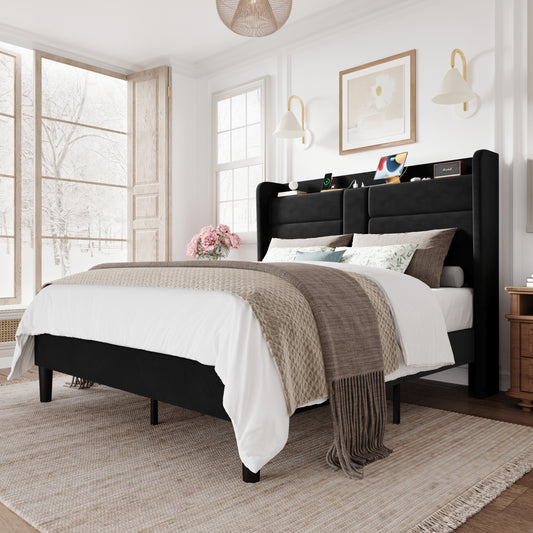 Amolife Upholstered Platform Bed Frame with Velvet Wingback Headboard & USB Charging Ports, No Box Spring Needed