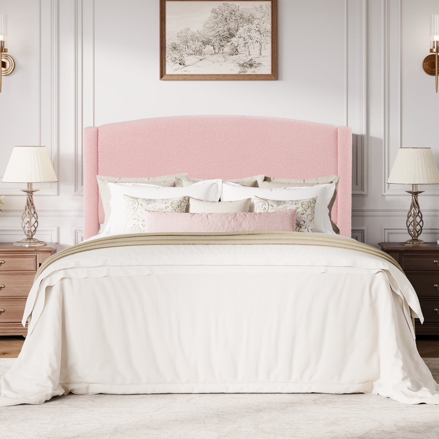 Amolife Bed Frame, Platform Upholstered Bed with Soft Teddy Fabric Curved Headboard