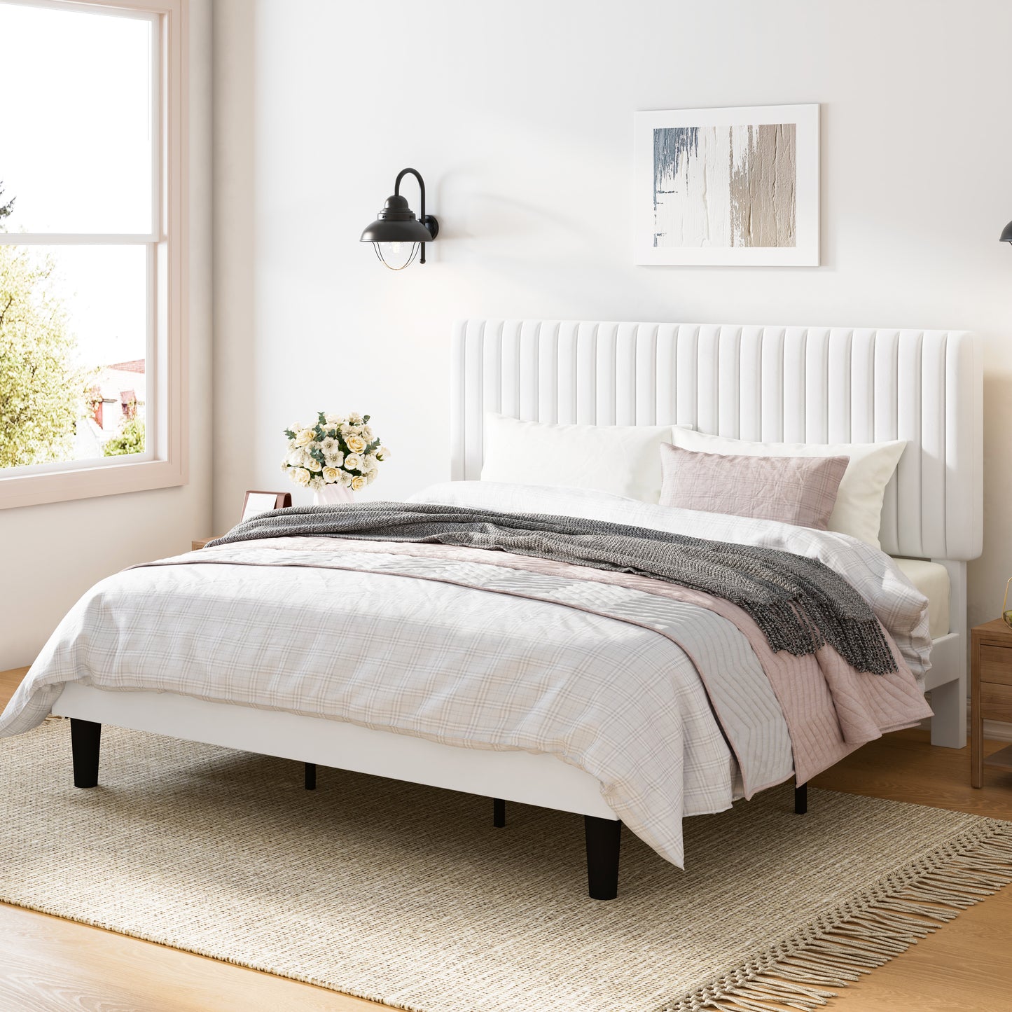 Upholstered Platform Bed Frame with Vertical Channel Tufted Velvet Headboard
