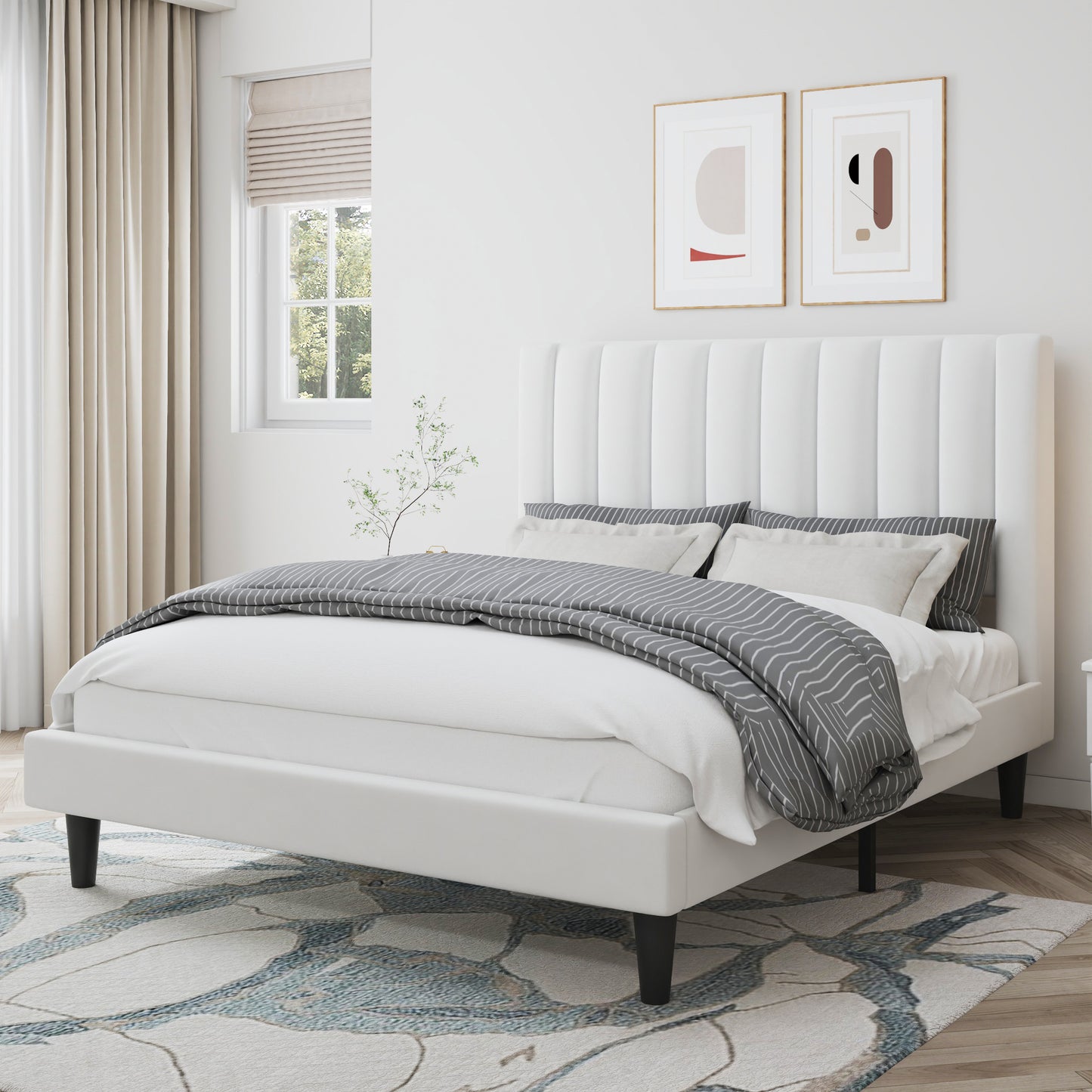 Velvet Upholstered Platform Bed Frame with Headboard, Strong Wood Slats Support