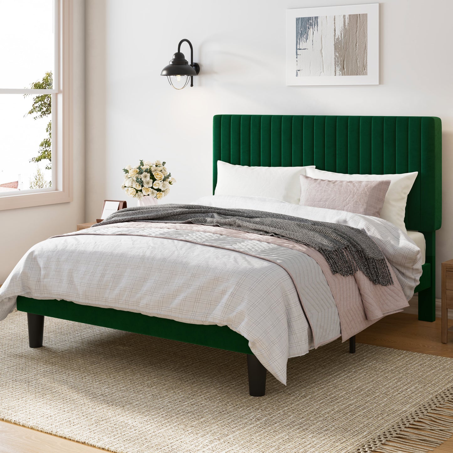 Upholstered Platform Bed Frame with Vertical Channel Tufted Velvet Headboard