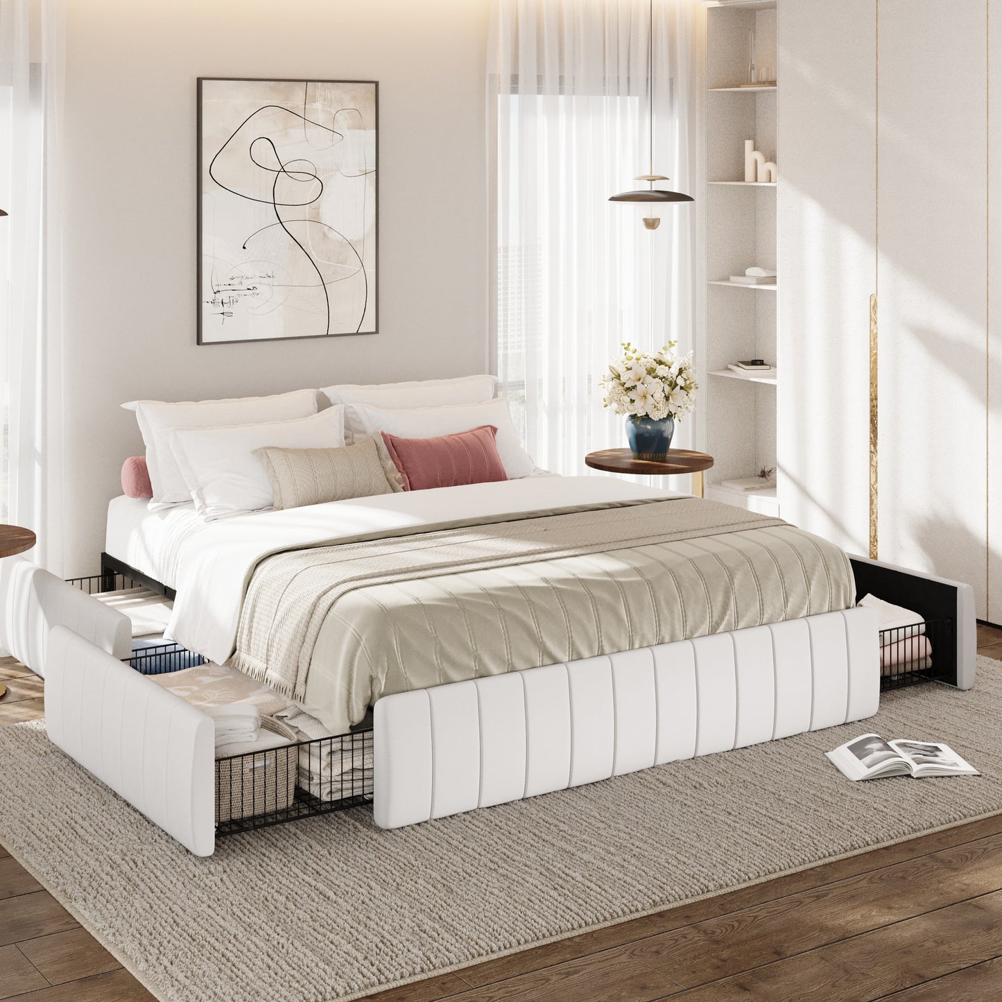 Amolife Bed Frame, Platform Storage Bed with 4 Large Velvet Storage Drawers, Wooden Slats