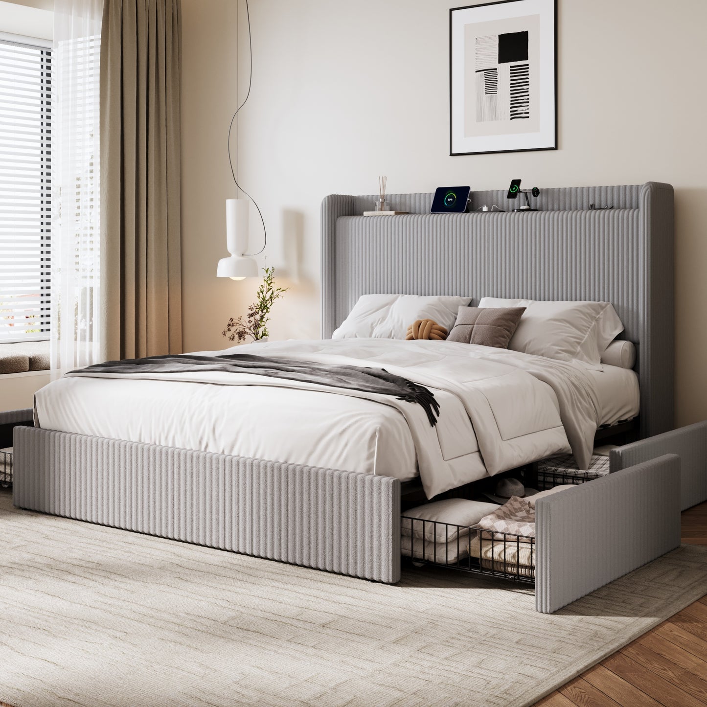 Amolife Bed Frame, Corduroy Upholstered Storage Bed with Wingback Headboard, 4 Storage Drawers, USB Ports Charging Station