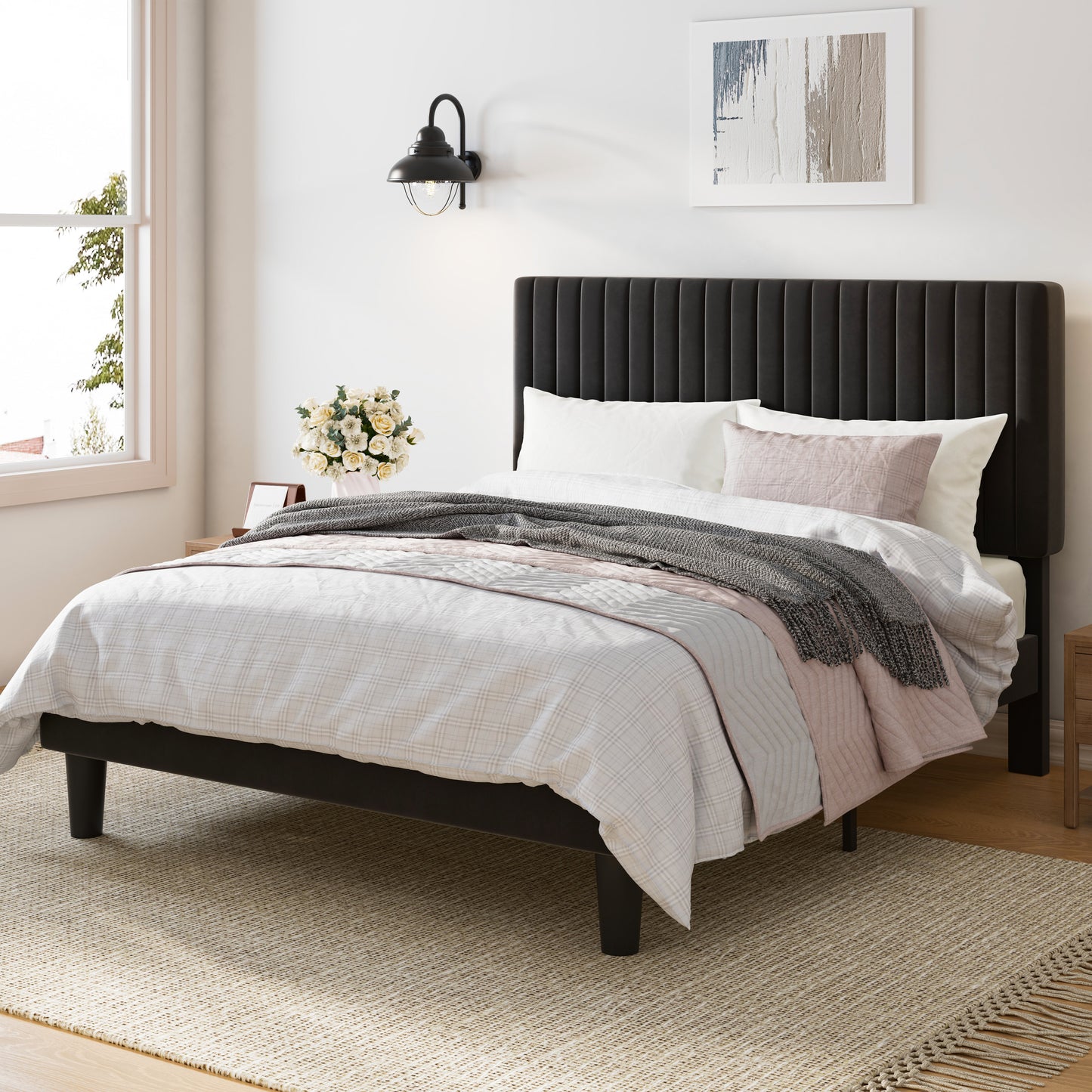 Upholstered Platform Bed Frame with Vertical Channel Tufted Velvet Headboard