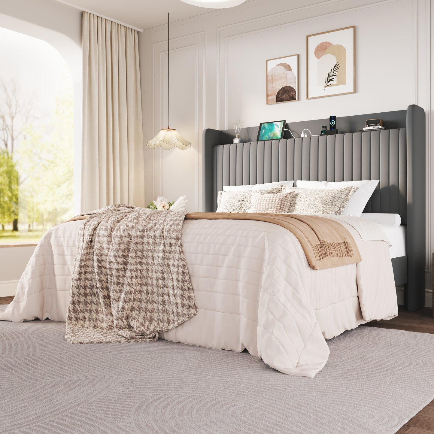 Amolife Bed Frame with Advanced 4-in-1 Charging Hub (2 AC Outlets, 1 Type-C, 1 USB) & Storage Shelf, Upholstered Velvet Wingback Headboard