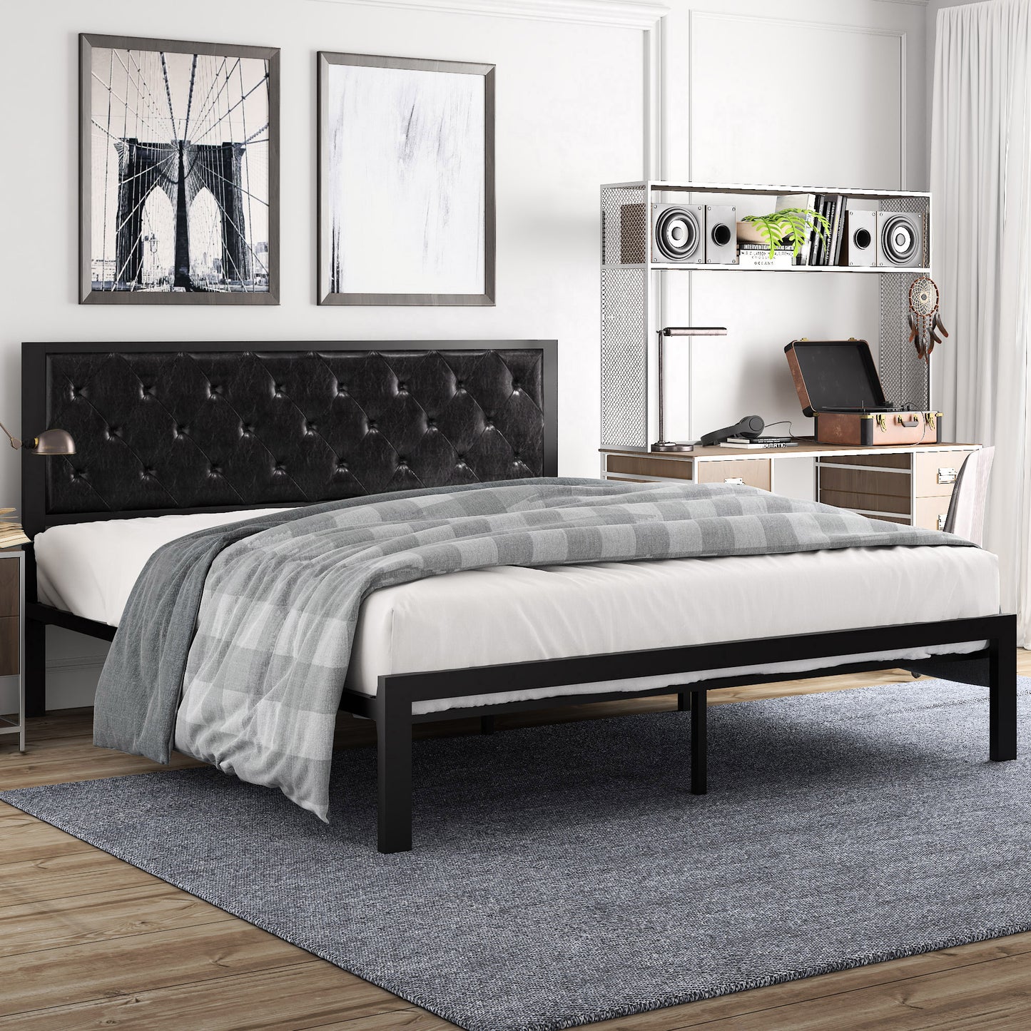 Amolife Metal Bed Frame with Faux Leather Upholstered Headboard