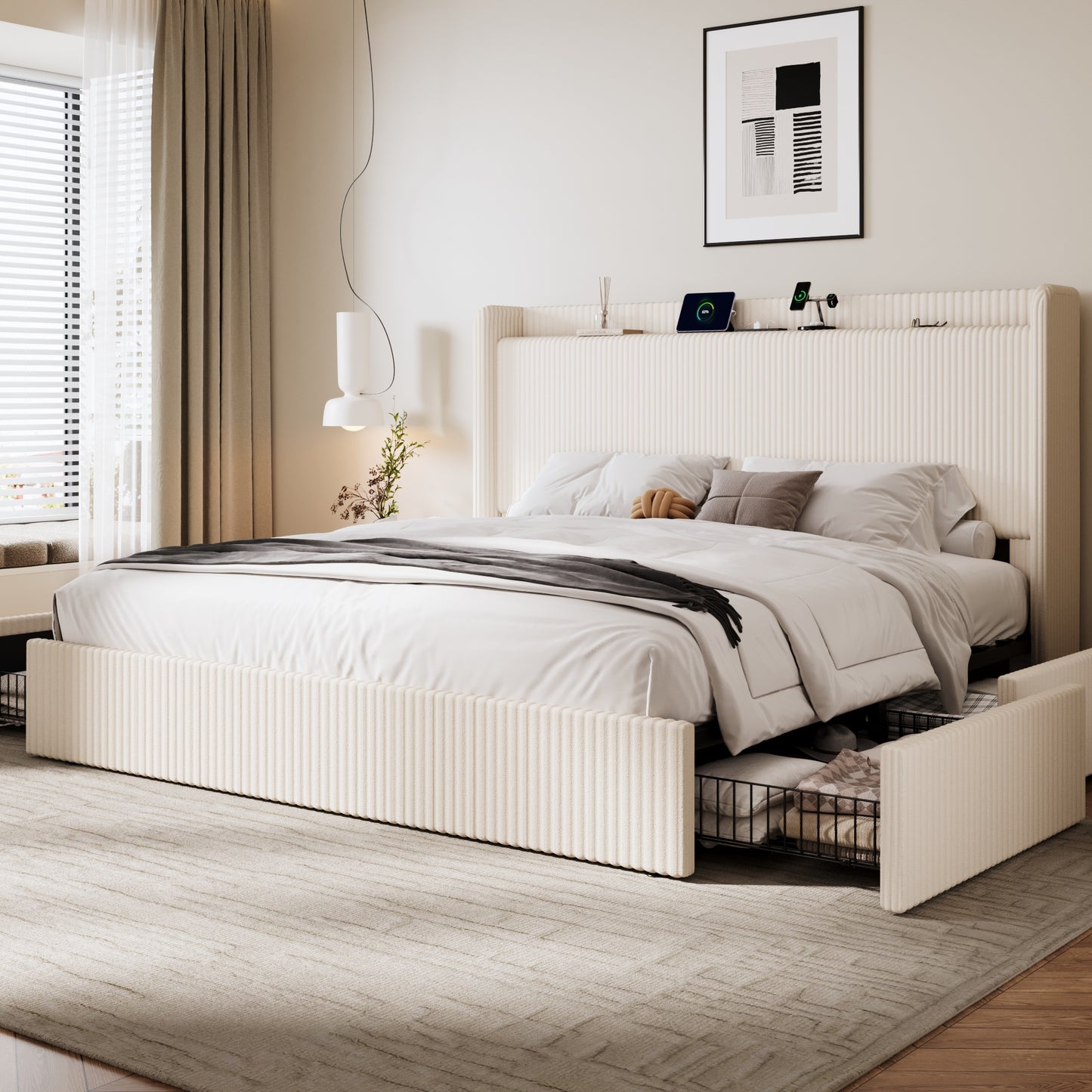 Amolife Bed Frame, Corduroy Upholstered Storage Bed with Wingback Headboard, 4 Storage Drawers, USB Ports Charging Station