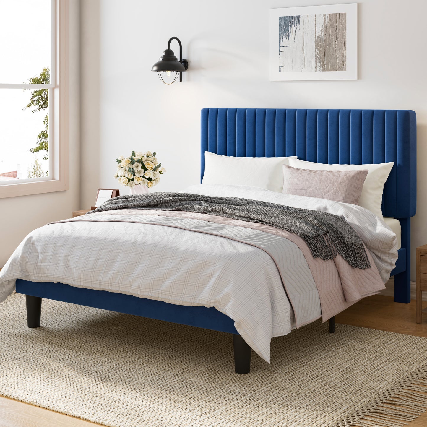Upholstered Platform Bed Frame with Vertical Channel Tufted Velvet Headboard