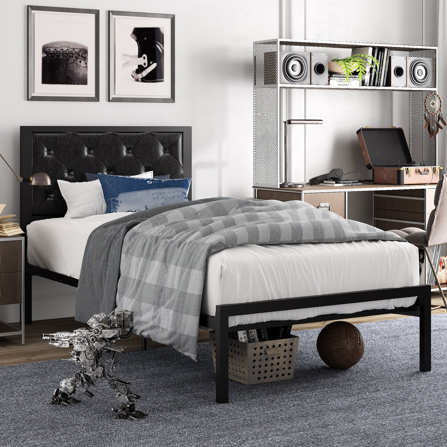 Amolife Metal Bed Frame with Faux Leather Upholstered Headboard