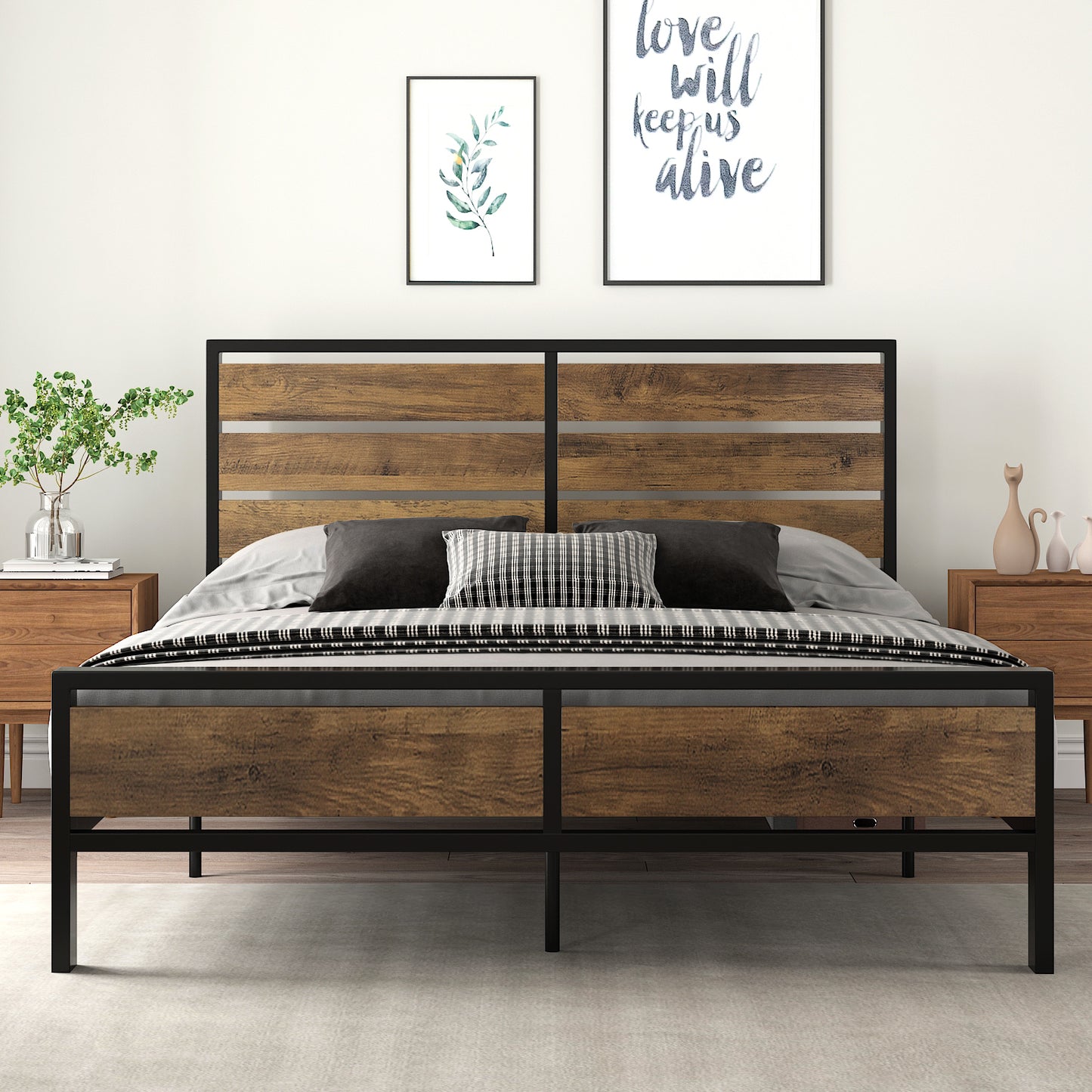 Full Size Bed Frame with Wood Headboard and Footboard, Black Frame