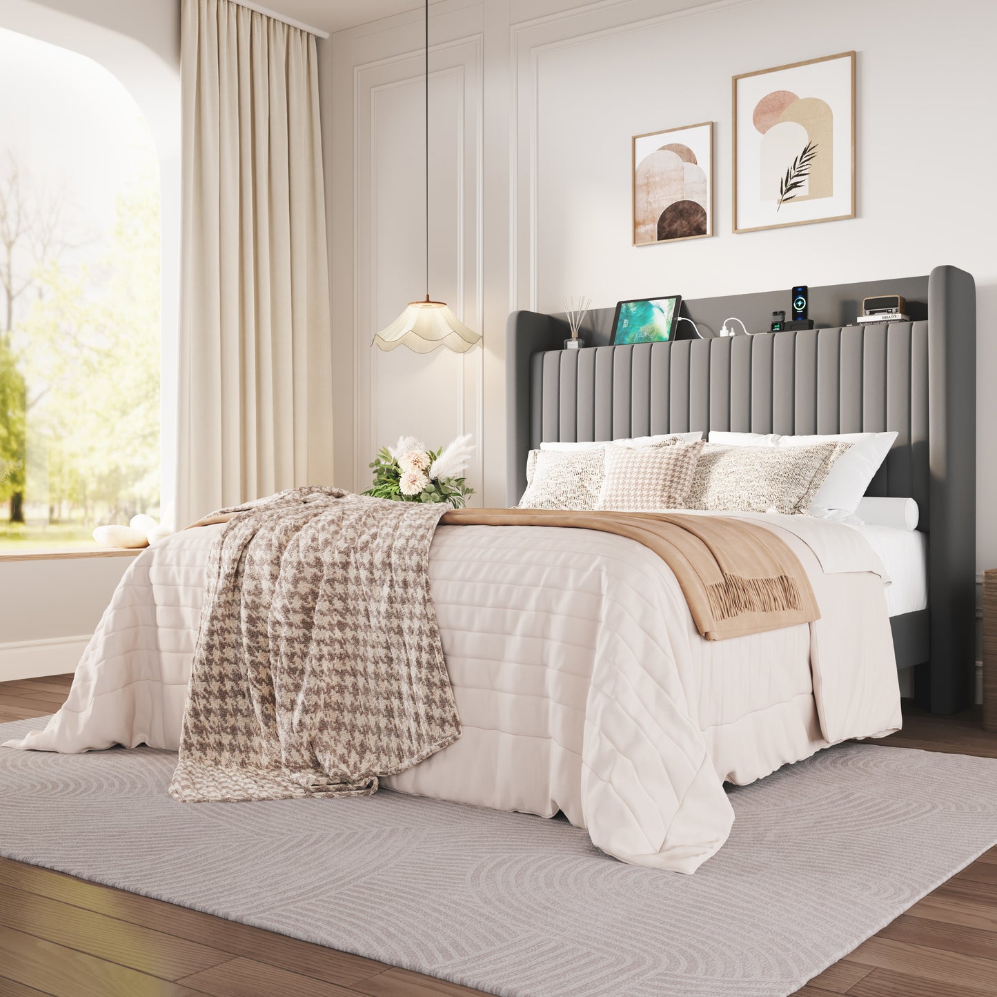 Amolife Bed Frame with Advanced 4-in-1 Charging Hub (2 AC Outlets, 1 Type-C, 1 USB) & Storage Shelf, Upholstered Velvet Wingback Headboard