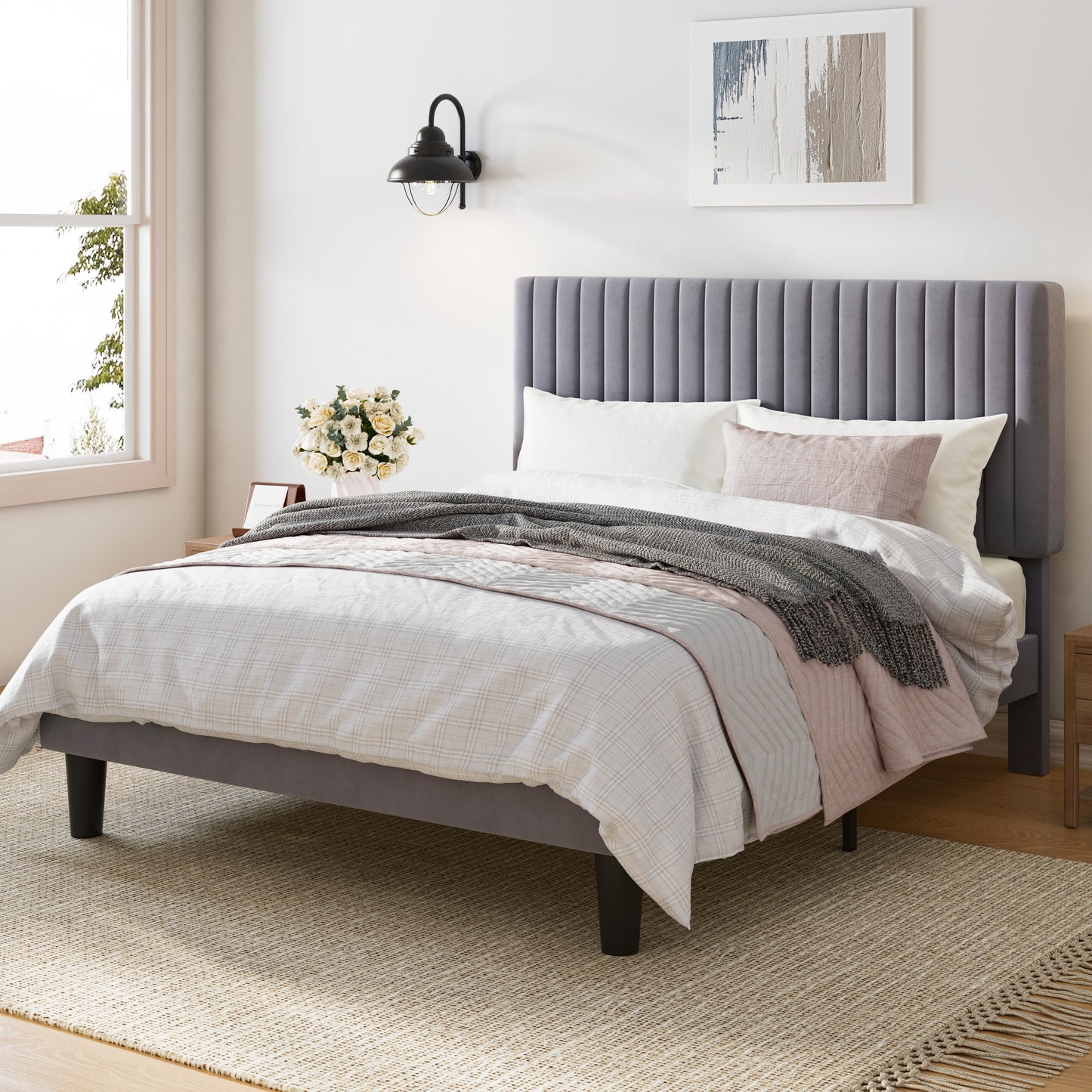 Upholstered Platform Bed Frame with Vertical Channel Tufted Velvet Headboard