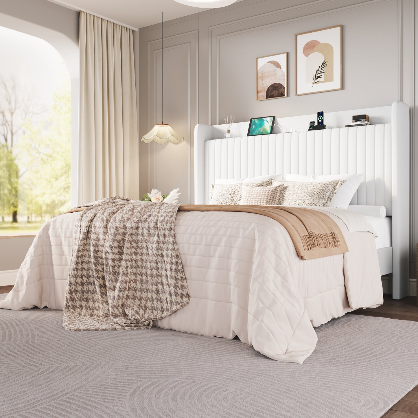 Amolife Bed Frame with Advanced 4-in-1 Charging Hub (2 AC Outlets, 1 Type-C, 1 USB) & Storage Shelf, Upholstered Velvet Wingback Headboard