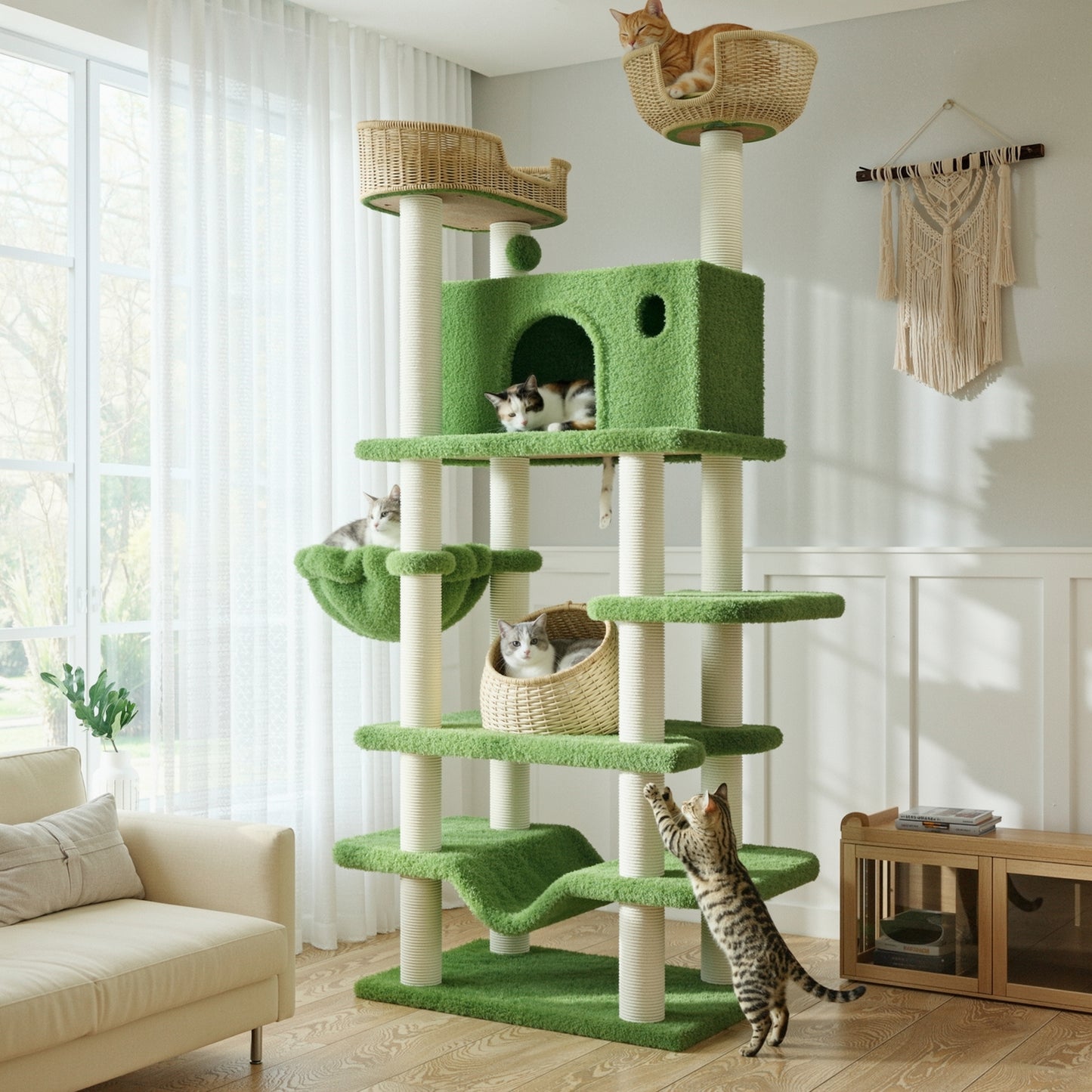 Amolife 82" Large Cat Tree Tower with Teddy Fleece Rattan Condo, Basket, Hammock and Scratching Posts for Indoor Cats and kittens, Green