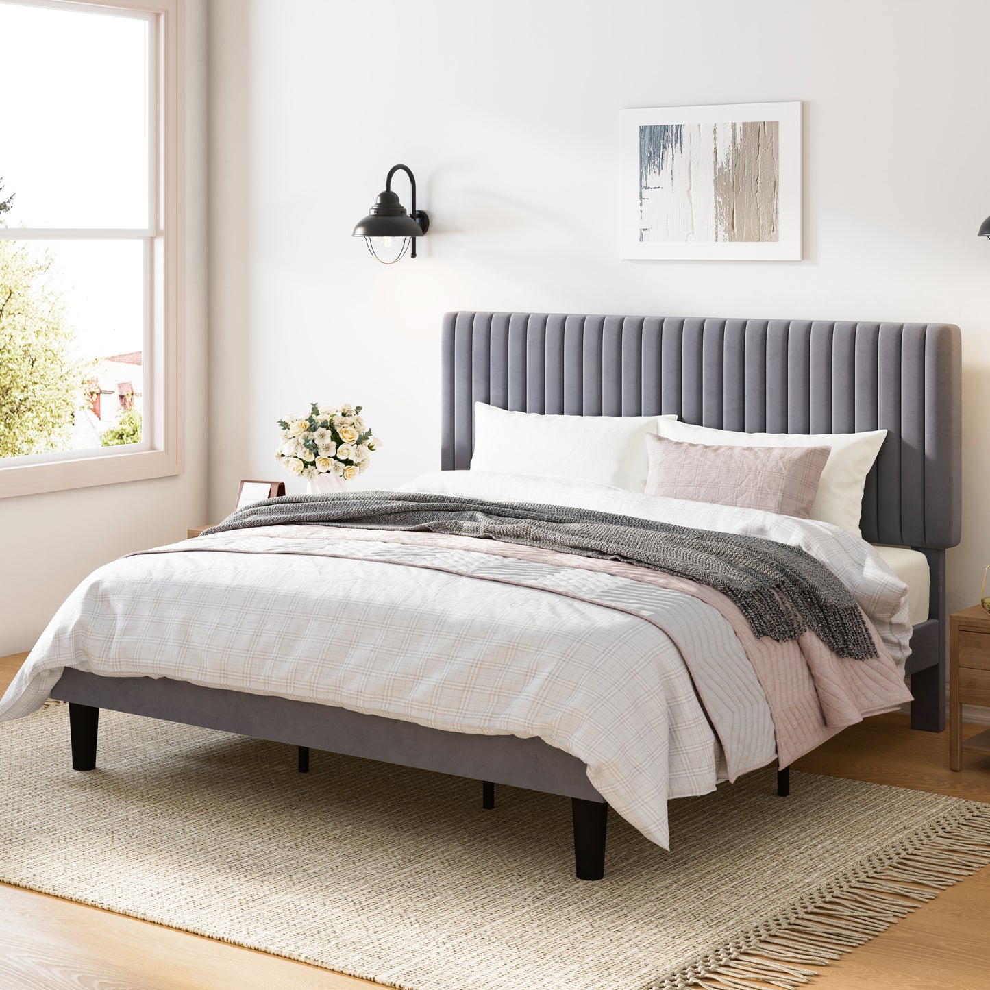 Upholstered Platform Bed Frame with Vertical Channel Tufted Velvet Headboard
