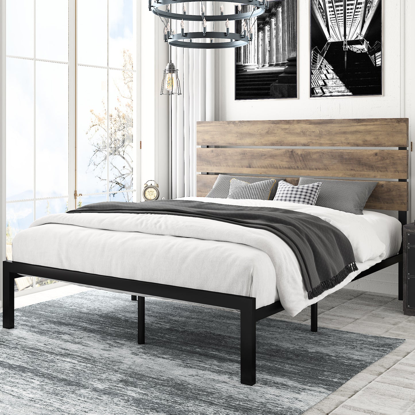 Platform Bed Frame with Wood headboard and Metal Slats / Rustic Country Style Mattress Foundation