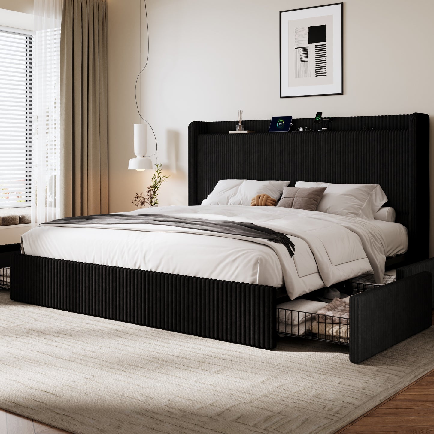 Amolife Bed Frame, Corduroy Upholstered Storage Bed with Wingback Headboard, 4 Storage Drawers, USB Ports Charging Station
