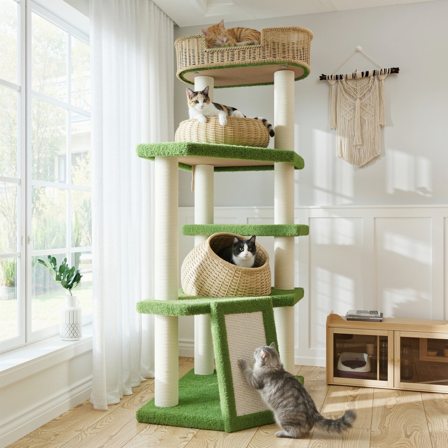 Amolife 57" Large Cat Tree Tower with Teddy Fleece Rattan Condo, Scratching Ramp and Posts for Indoor Cats and kittens, Green