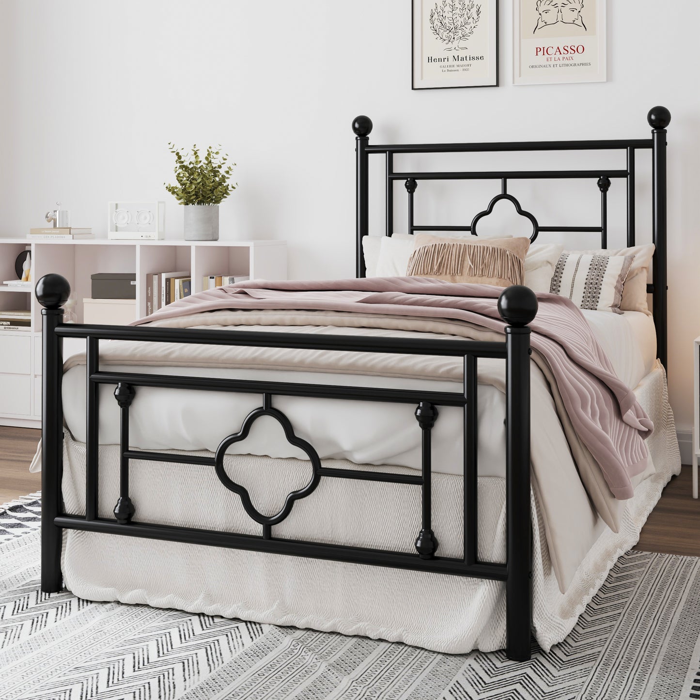 Queen Size Metal Bed Frame with Vintage Cross Pattern Headboard and Footboard, Black