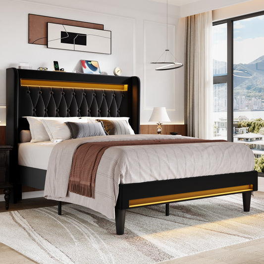 Amolife Bed Frame, Upholstered Velvet Platfrom Bed with Charging Station, High Wingback Headboard & 2 LED Lights, No Box Spring Needed