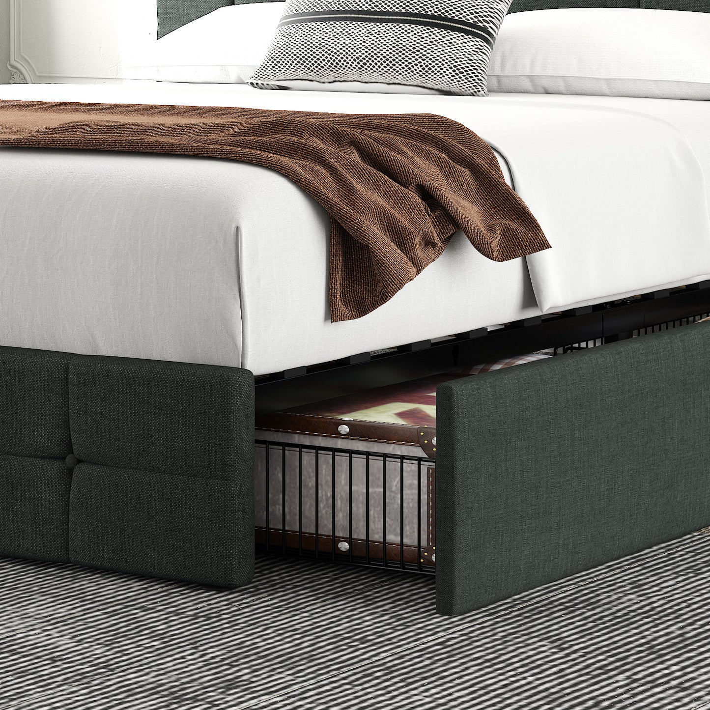 Queen Size Platform Bed Frame with Headboard and 4 Storage Drawers, Button Tufted Style, Dark Grey, Mattress Not Included