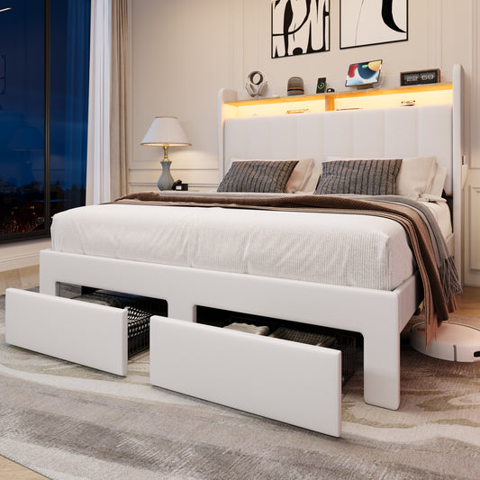 Amolife Platform Bed Frame with 2-Tier LED Storage Velvet Wingback Headboard & 2 Storage Drawers, USB & Type-C Charging Ports