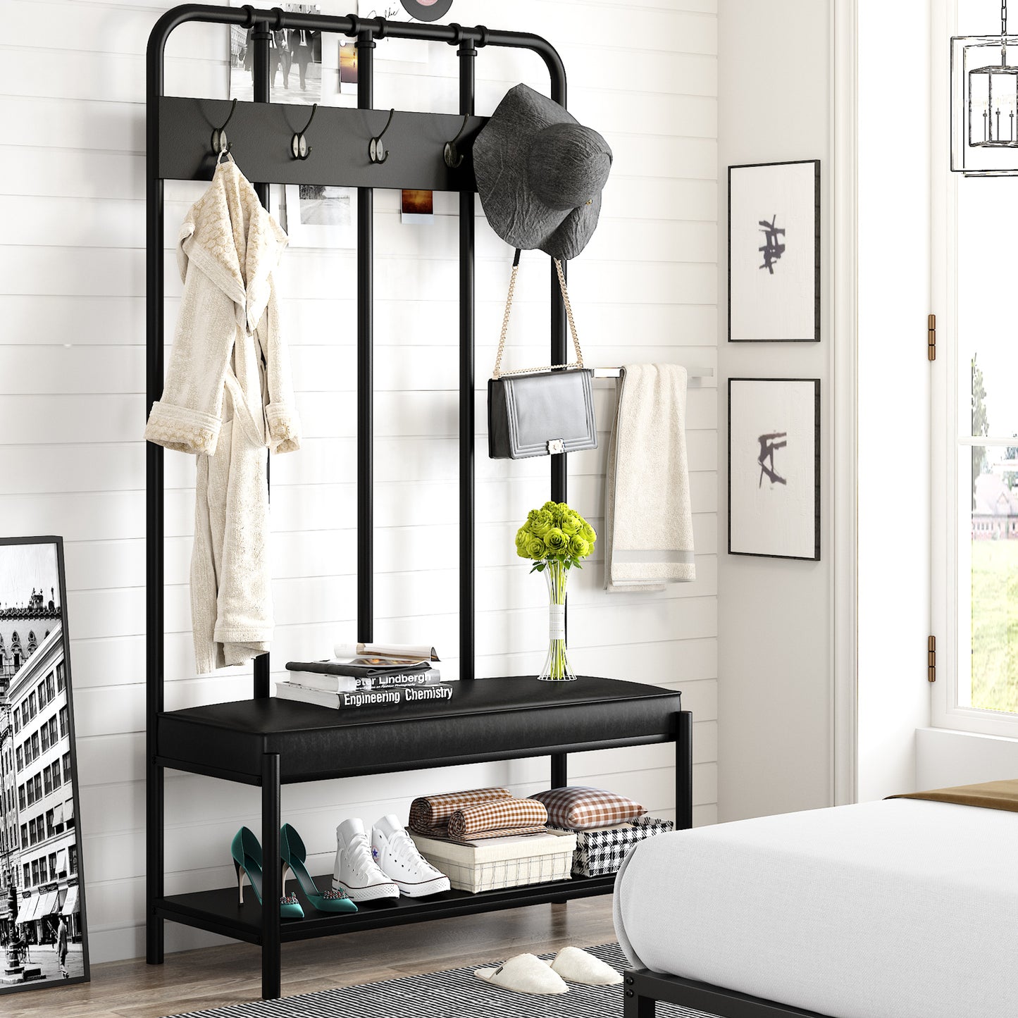 Amolife 4 in 1 Freestanding Hall Tree with 5 Hooks Coat Rack Shoe Bench, Entrance Bench with Storage Rack, Black