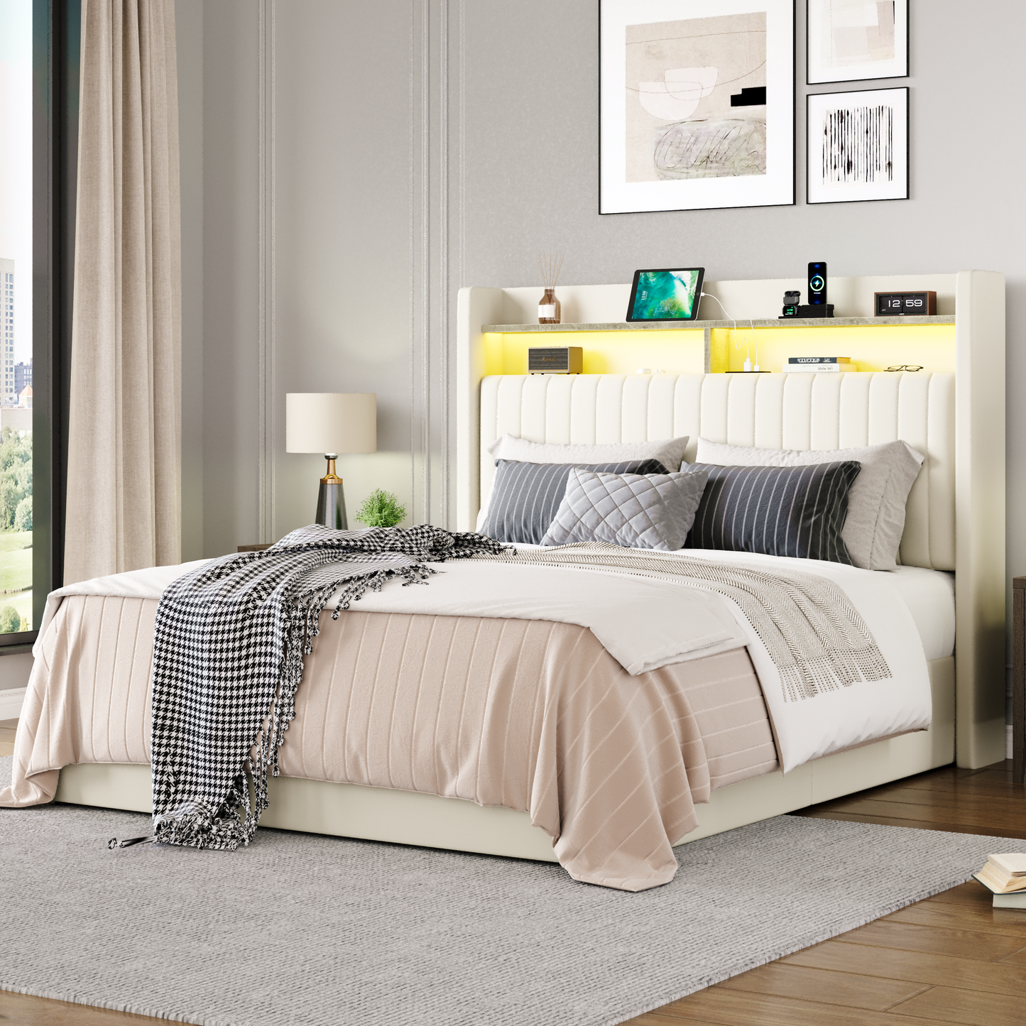 Amolife Hydraulic Lift-Up Storage Bed Frame, LED Headboard with Fast Charging (USB/Type-C), 2-Tier Shelves & Velvet Upholstered