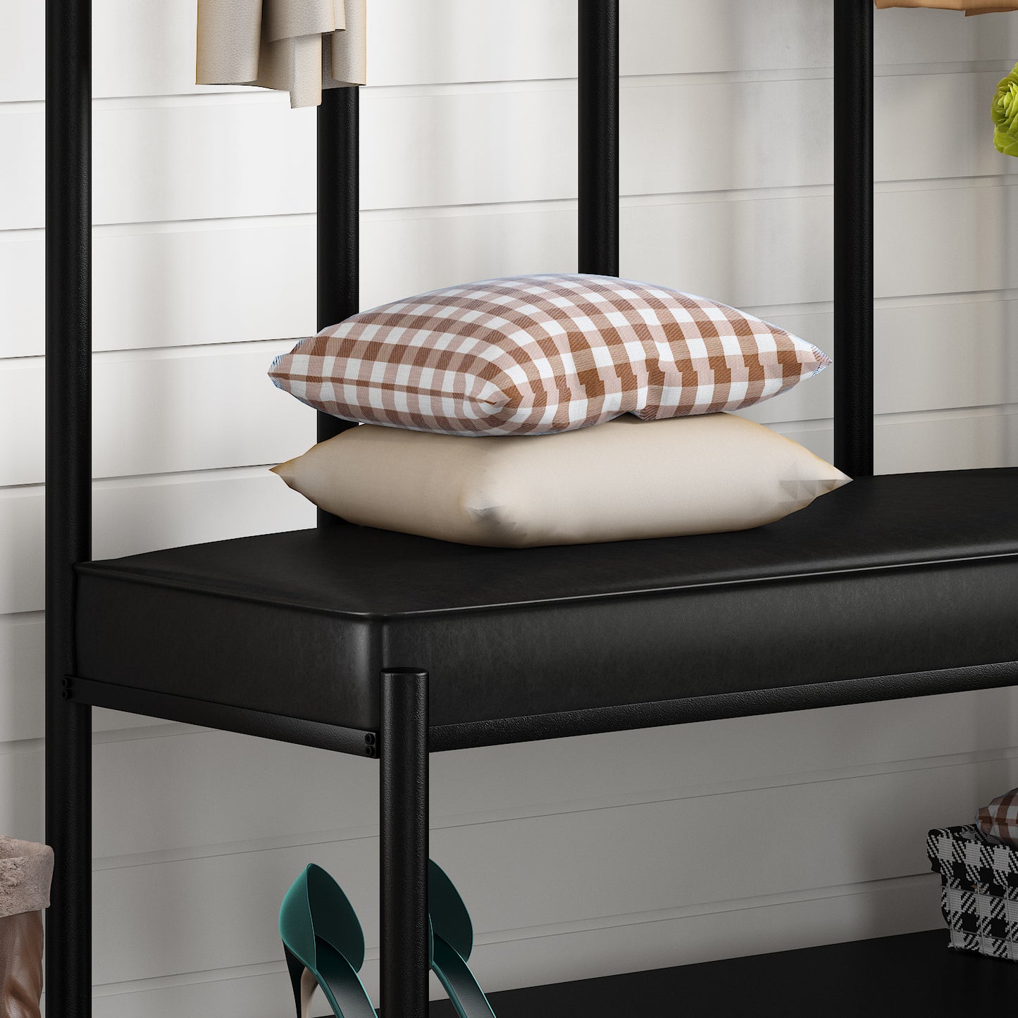 Amolife 4 in 1 Freestanding Hall Tree with 5 Hooks Coat Rack Shoe Bench, Entrance Bench with Storage Rack, Black