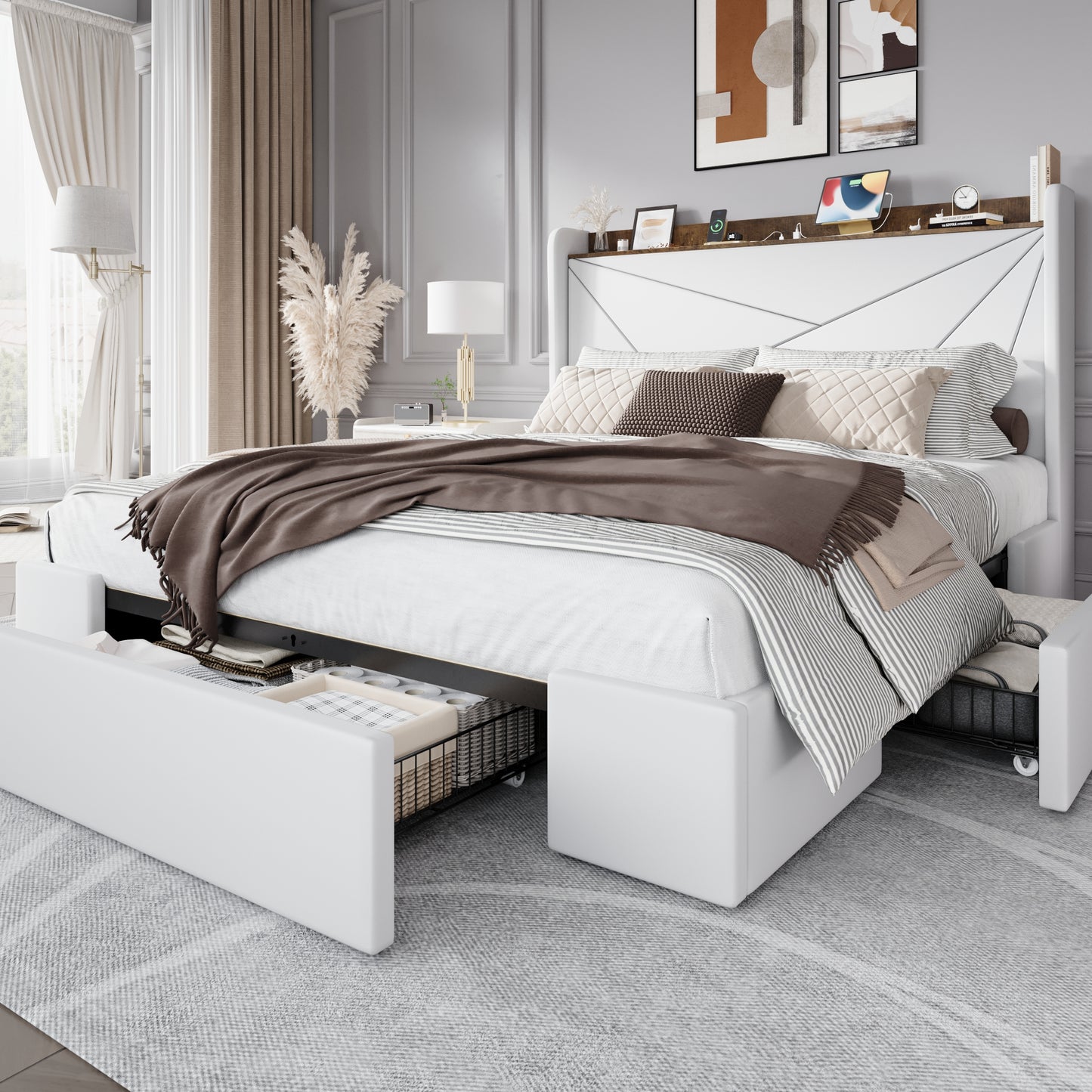 Amolife Storage Bed Frame with 3 Drawers, Velvet Platform Bed with Charging Station & Upholstered Wingback Headboard