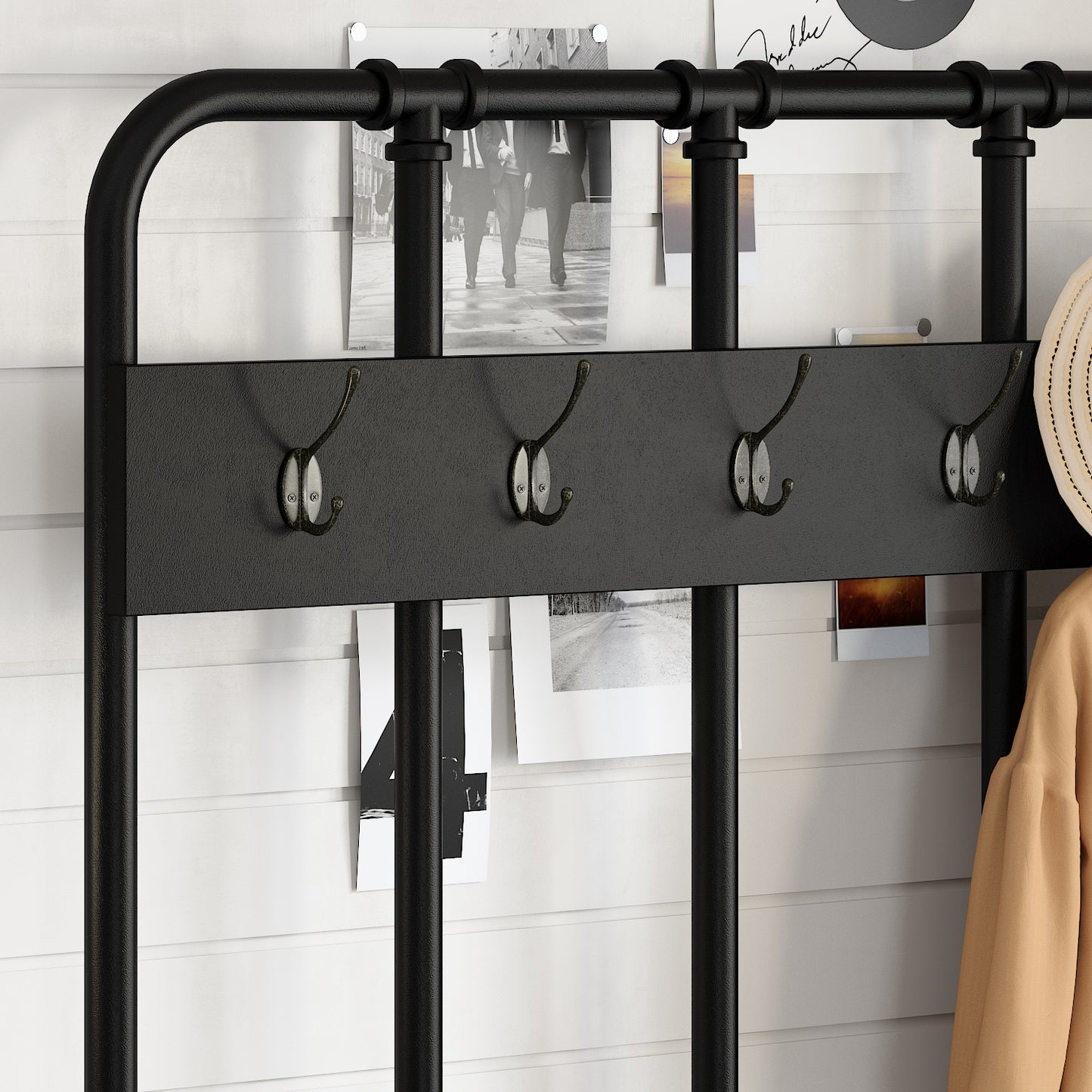 Amolife 4 in 1 Freestanding Hall Tree with 5 Hooks Coat Rack Shoe Bench, Entrance Bench with Storage Rack, Black