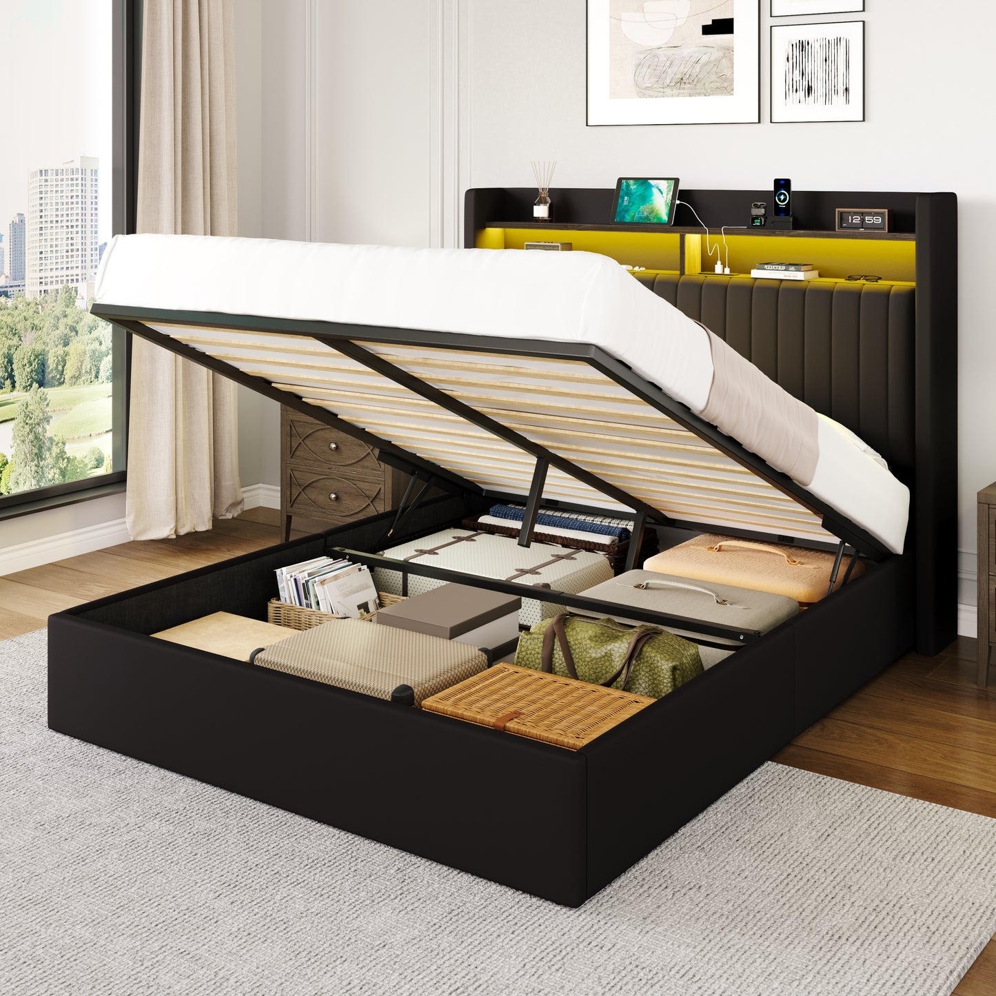 Amolife Hydraulic Lift-Up Storage Bed Frame, LED Headboard with Fast Charging (USB/Type-C), 2-Tier Shelves & Velvet Upholstered