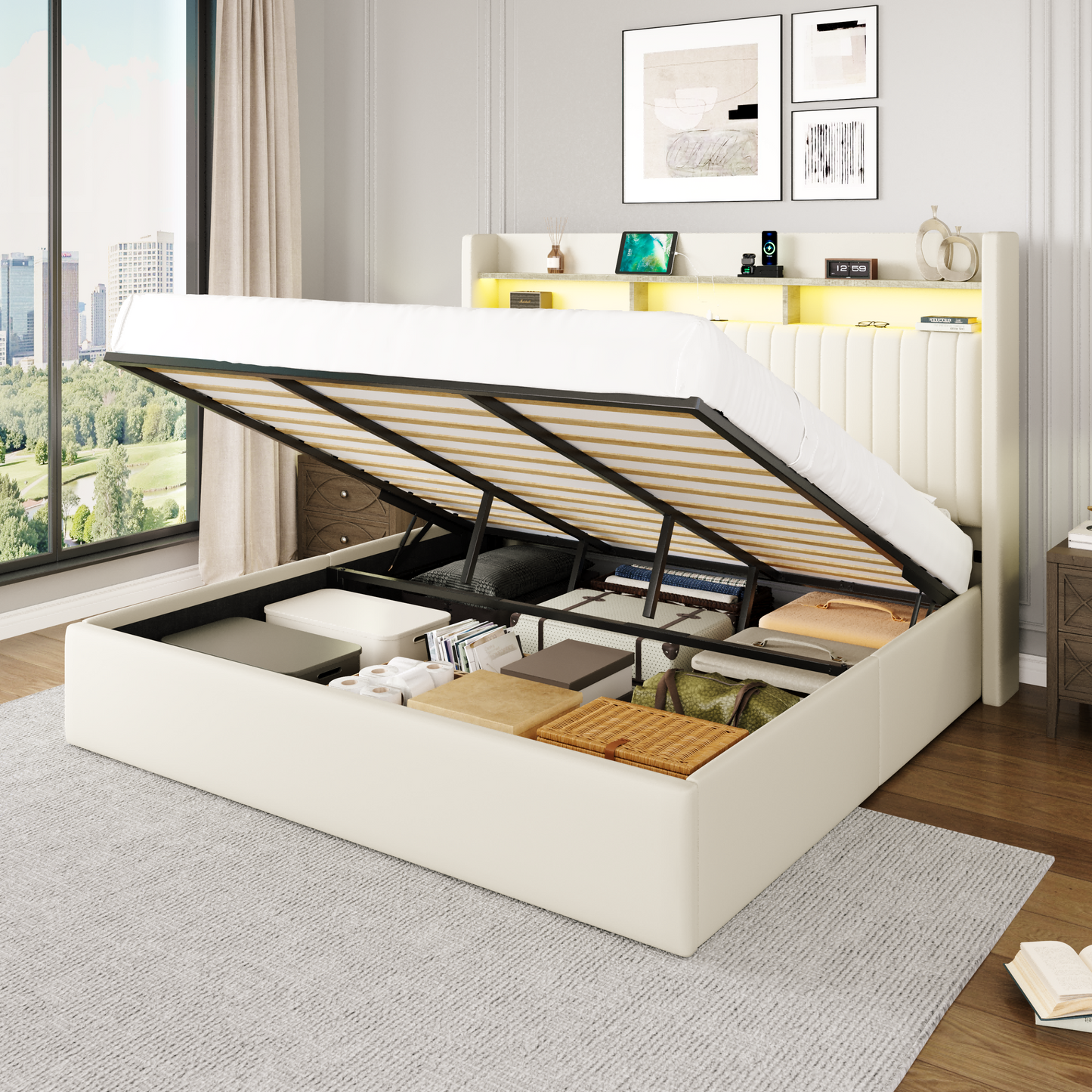 Amolife Hydraulic Lift-Up Storage Bed Frame, LED Headboard with Fast Charging (USB/Type-C), 2-Tier Shelves & Velvet Upholstered